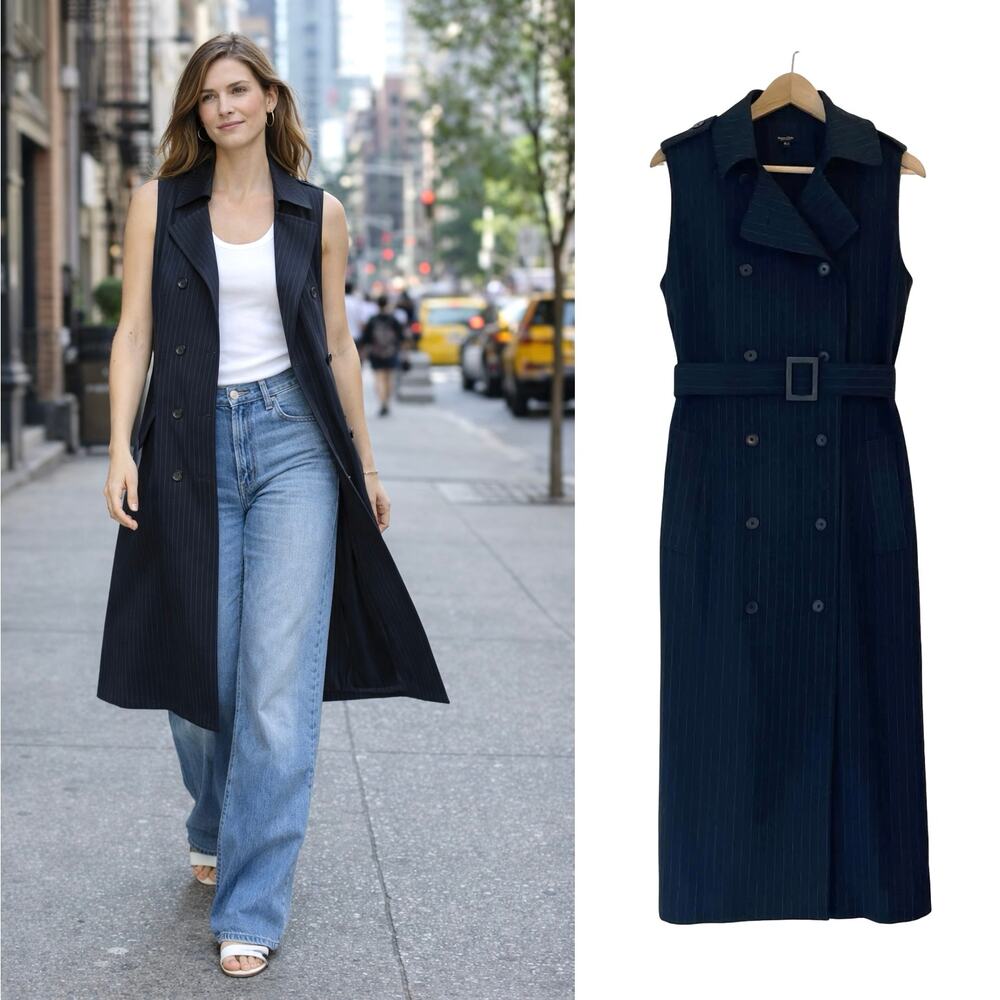 Massimo Dutti Navy Pinstripe Sleeveless Trench Coat